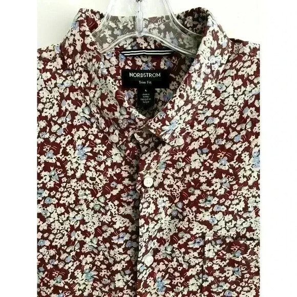 Nordstrom Mns Sz L Floral Trim Fit Button Down Shirt Brown Linen Stretch Fun NWT - Picture 4 of 16